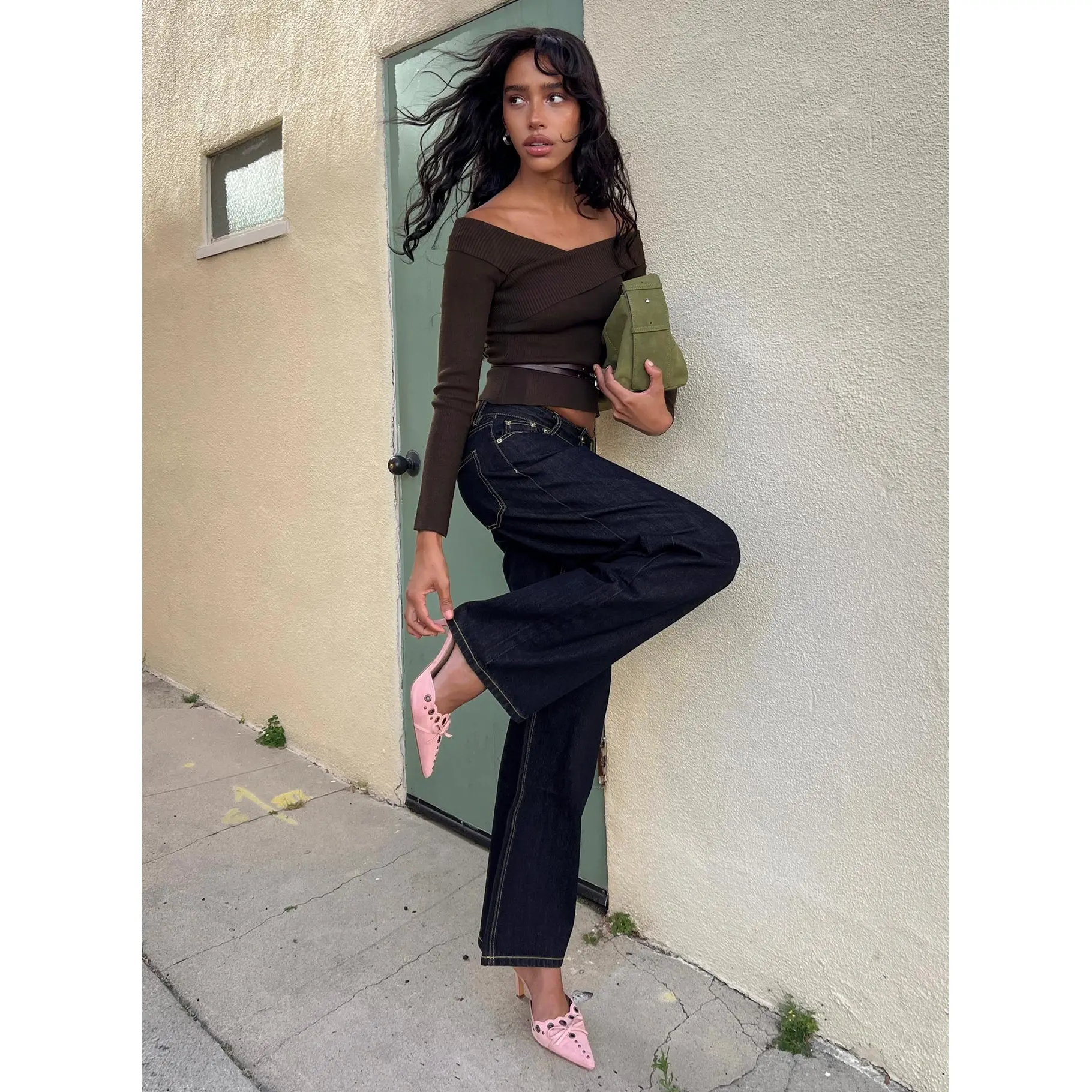 Ellenore Belt Detail Off Shoulder Top Brown