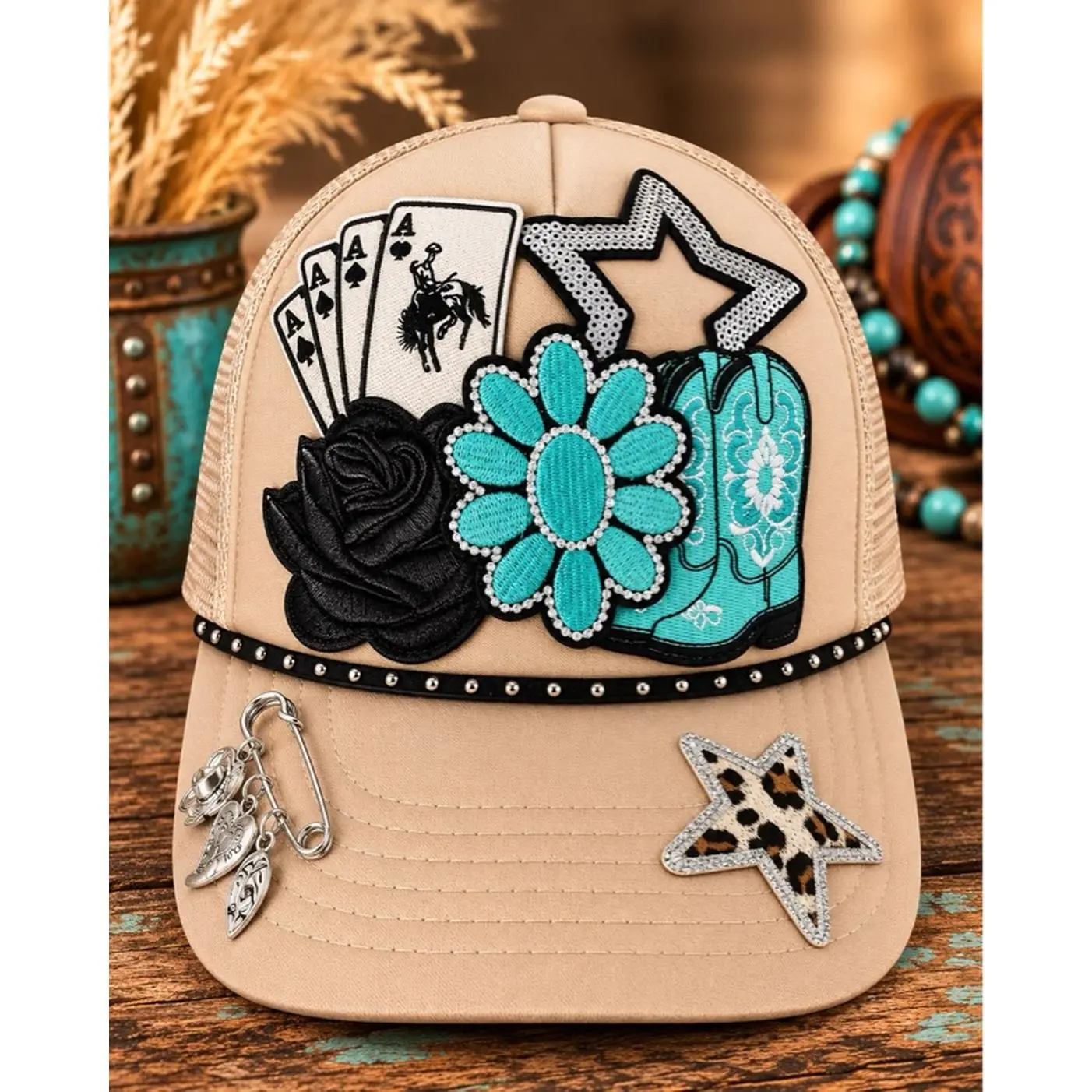 Western Style Trucker Hat with Turquoise Accents Embroidered Patches Silver Charms Cowgirl Design Adjustable Snapback for Rodeos Concerts Game Days