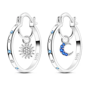 NARMO Sun and Moon Dangle Earrings, S925 Silver Plated with White Gold, Inlaid with Shining CZ, Perfect Gift for Girls and Women on Birthday, Valentine's Day, Christmas, Anniversary