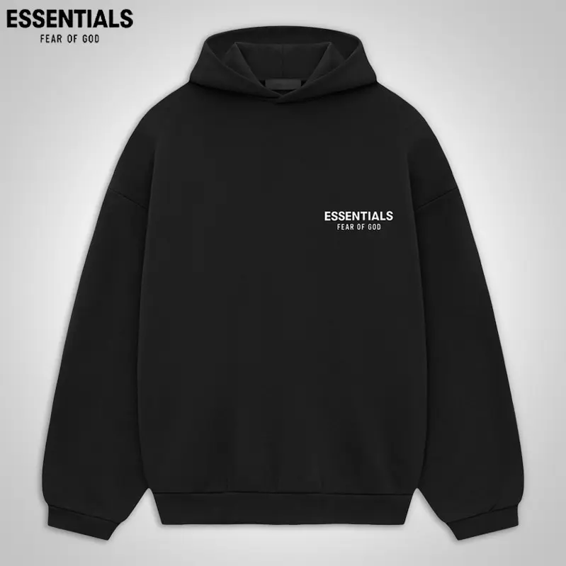 Fear of God ESSENTIALS FW24 Fleece Hoodie Men's Oversized Pullover Sweatshirt with Small Chest Logo and Large Back Logo, Black / Light Heather Gray