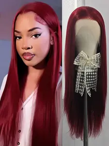 26 Inch Wine Red Synthetic Lace Front Wig, Burgundy Straight Hair, Free Part Natural Hairline, Heat Resistant Synthetic Fiber, High Density Soft Front Lace Wig, Glueless Frontal Wig, Lace Frontal Wigs, Daily & Party Event Use