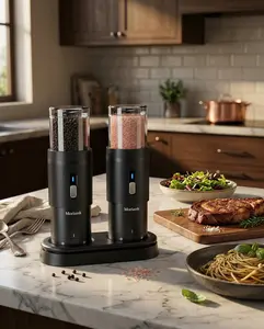 Juego de molinillo eléctrico de sal y pimienta de mayor capacidad mejorado, juego de molinillo de sal y pimienta recargable con base de carga, grueso ajustable, accesorios de cocina eficientes