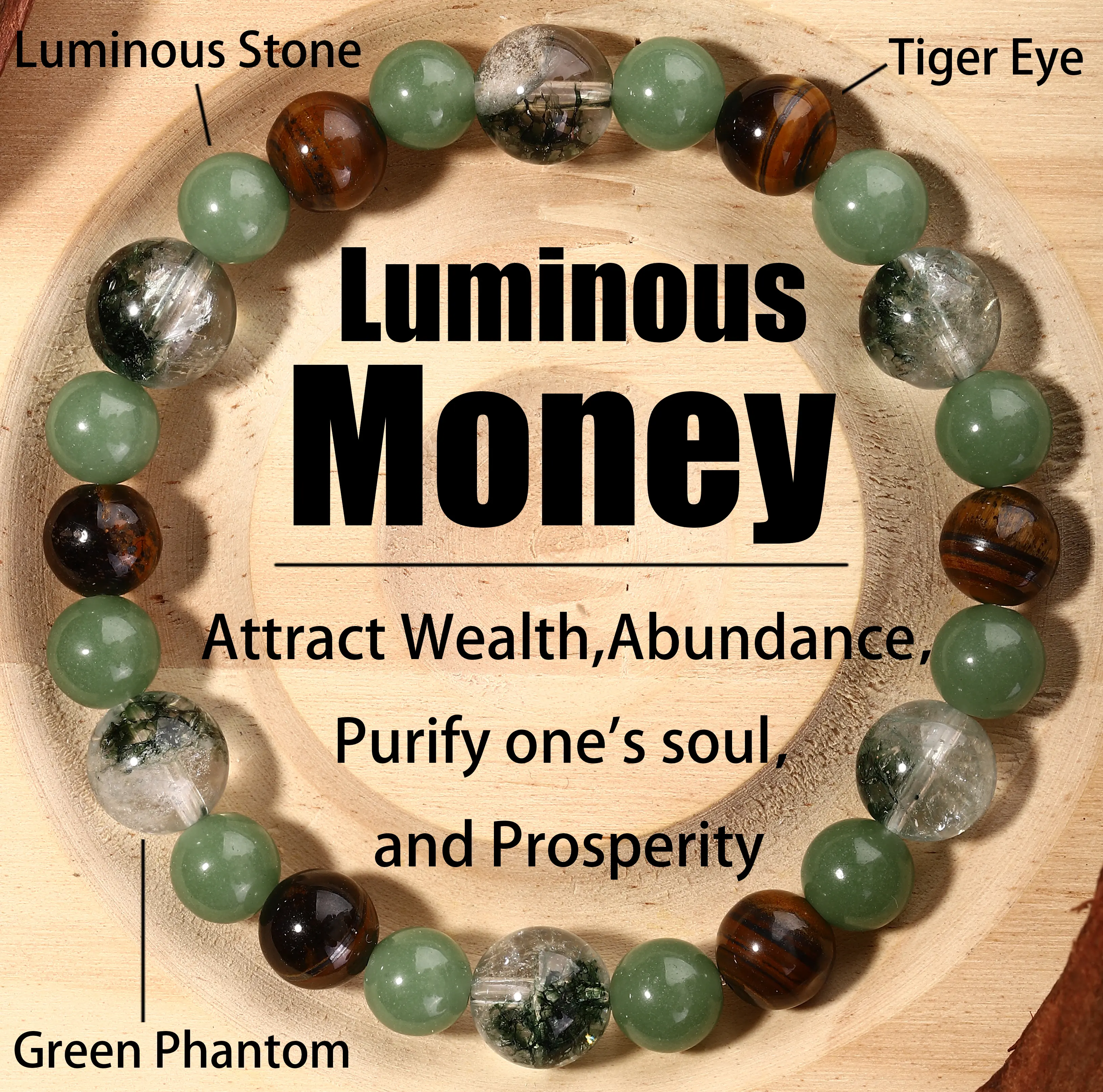[Luminous Series] 1pc Money Attraction Bracelet with Luminous Stone & Green Phantom & Tiger Eye - friendship bracelet beaded jewelry protection bracelet encouragement gift fashion bracelet of the day Colorblock Beaded Crystal Bracelet