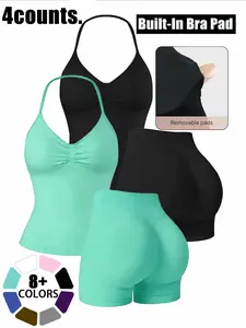Women's Backless Fitness Set, High Waist Sleeveless Top + Seamless Shorts, Yoga Workout Clothes, Training, Backless Gym Activewear, Comfortable and Fashionable