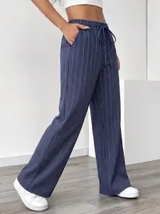 Women’s striped long pants, loose high-waisted straight-leg casual wide fit, suitable for office, travel, and everyday fashion wear; breathable and comfortable.