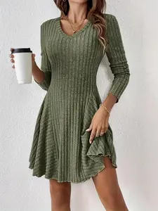 Women's Plain Lettuce Trim V Neck A Line Dress, Casual Long Sleeve Short Dress Fit for Fall & Winter, Ladies Clothes for Daily Wear