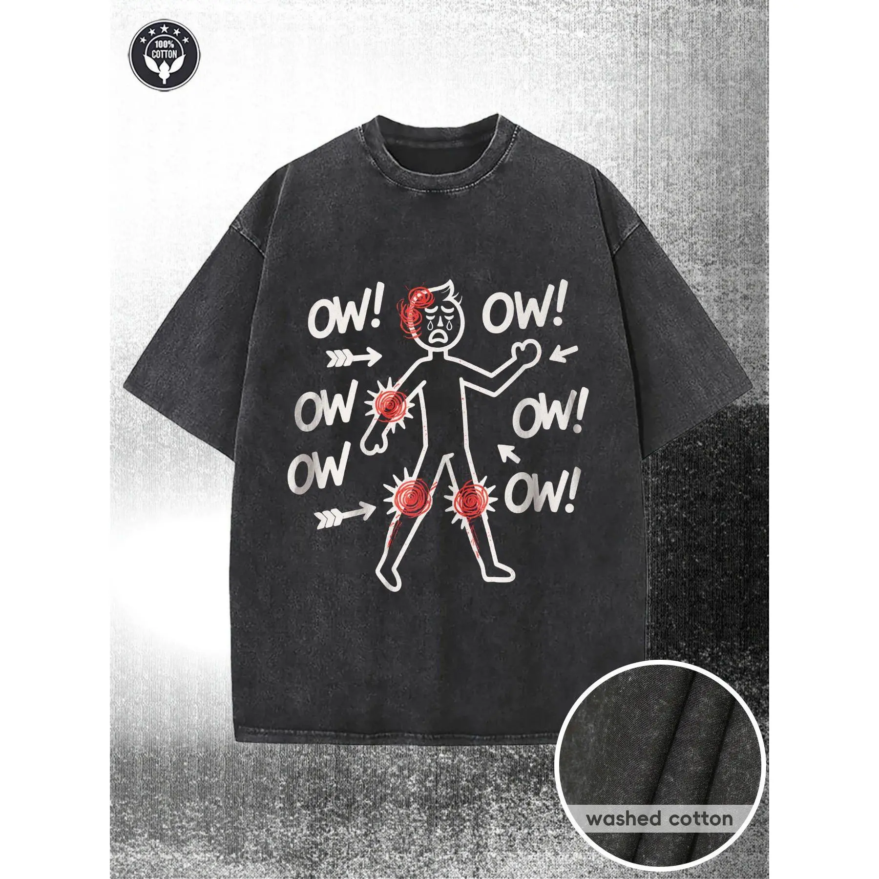 Oversized Black T-Shirt with Funny 'OW!' Pain Face Graphic - 230g Washed Cotton Streetwear Tee, Round Neck Short Sleeve Casual Shirt for Expressive Casual Attire