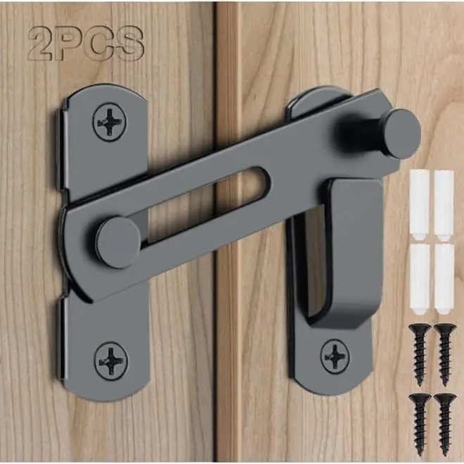 2PCS Compact Alloy Steel Barn Door Hook Eye Lock - 180° Rotate Flip Sliding Latch with Anti-Rust Coating for Barn Door, Garage, Outdoor (Black)