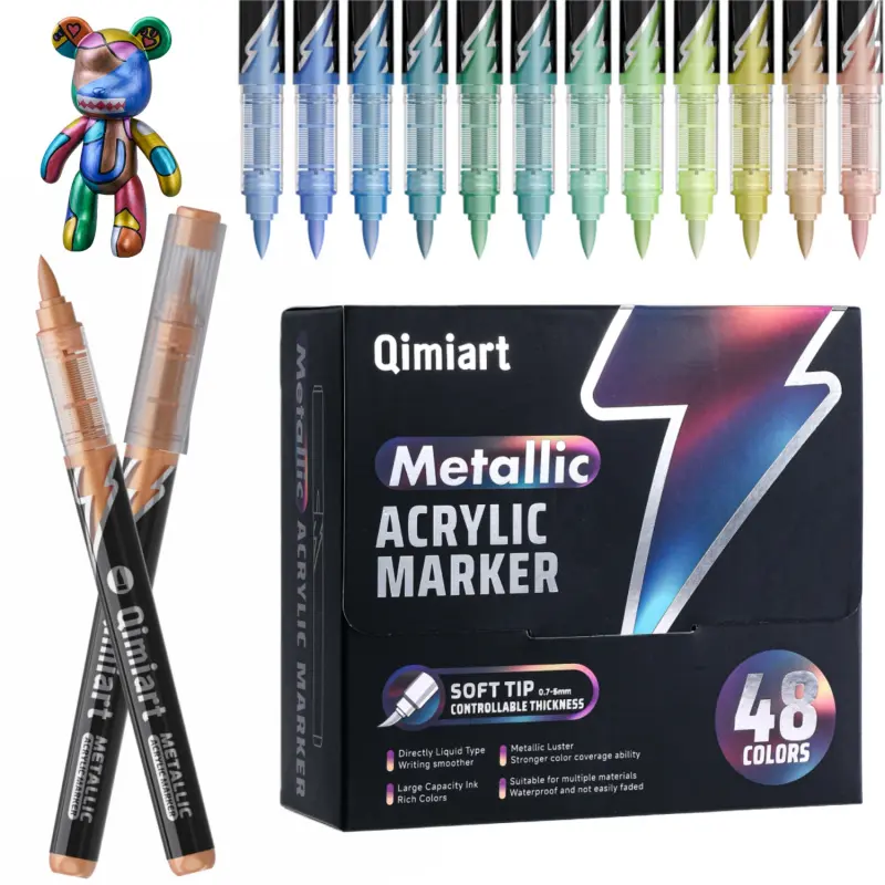 Metallic Acrylic Paint Markers, Acrylic Drawing Markers, 48 Colors Soft Brush Acrylic Metallic Markers Set,Glitter Paint Pens Waterproof for Black Paper, Rock Painting, Glass, Wood, Ceramic, DIY Arts and Crafts, Creative Craft Kit, Art Project