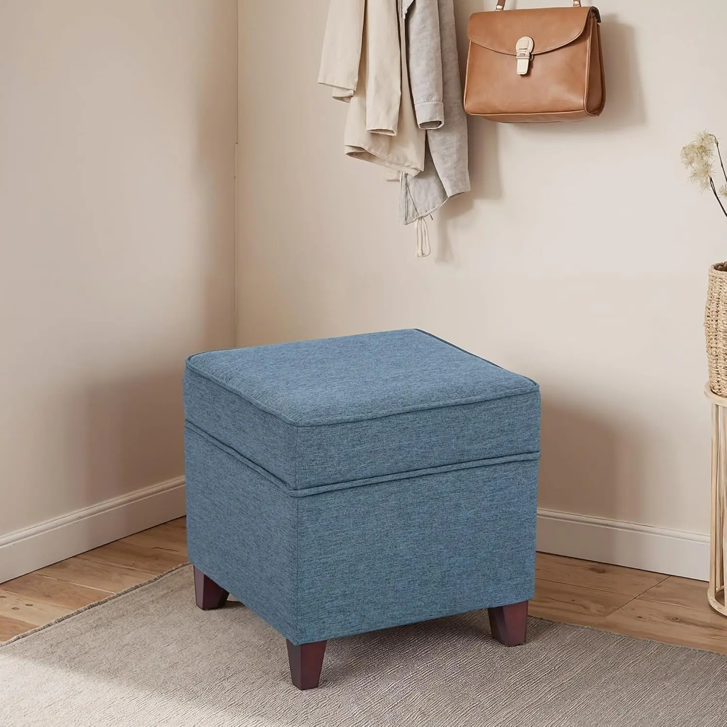 17" Square Ottoman with Storage, Small Blue Storage Ottoman Foot Rest with Hinged Lid & Solid Wood Legs, Linen Fabric Foot Stool for Living Room & Bedroom