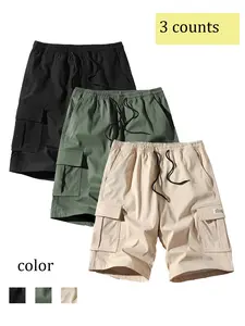 Men's Summer Casual Cargo Shorts Set, Three-Piece Short Pants with Drawstring Waist, Trendy Outdoor Wear for Men, Menswear, Fashion Pocket Shorts