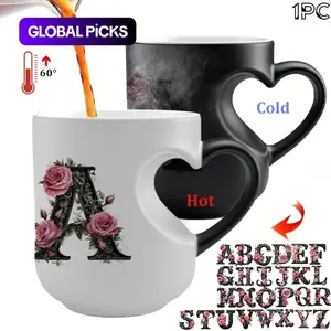 1pc Magical Color Changing Coffee Mug With 26 Alphabet Options floral letter pattern | 11oz Unique Aesthetic Heart Design, Perfect for Birthdays, MotherS Day, Valentine'S Day, and Holiday Gifts - Ceramic Cup #GLOBAL PICKS