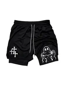 Men's 2-In-1 Performance Gym Shorts, Gothic Cross Print Training Shorts, Fun Slogan Quick-Dry Running Shorts, Sporty Loose-Fitting