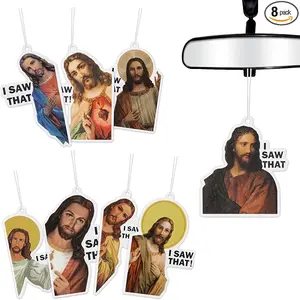 8Pcs I Saw That Car Air Fresheners Funny Jesus Hanging Air Freshener Fragrance Slice Scented Cards Cute Car Interior Mirror Household Hanging Decor Incense Chips Christmas Gifts for Men Women