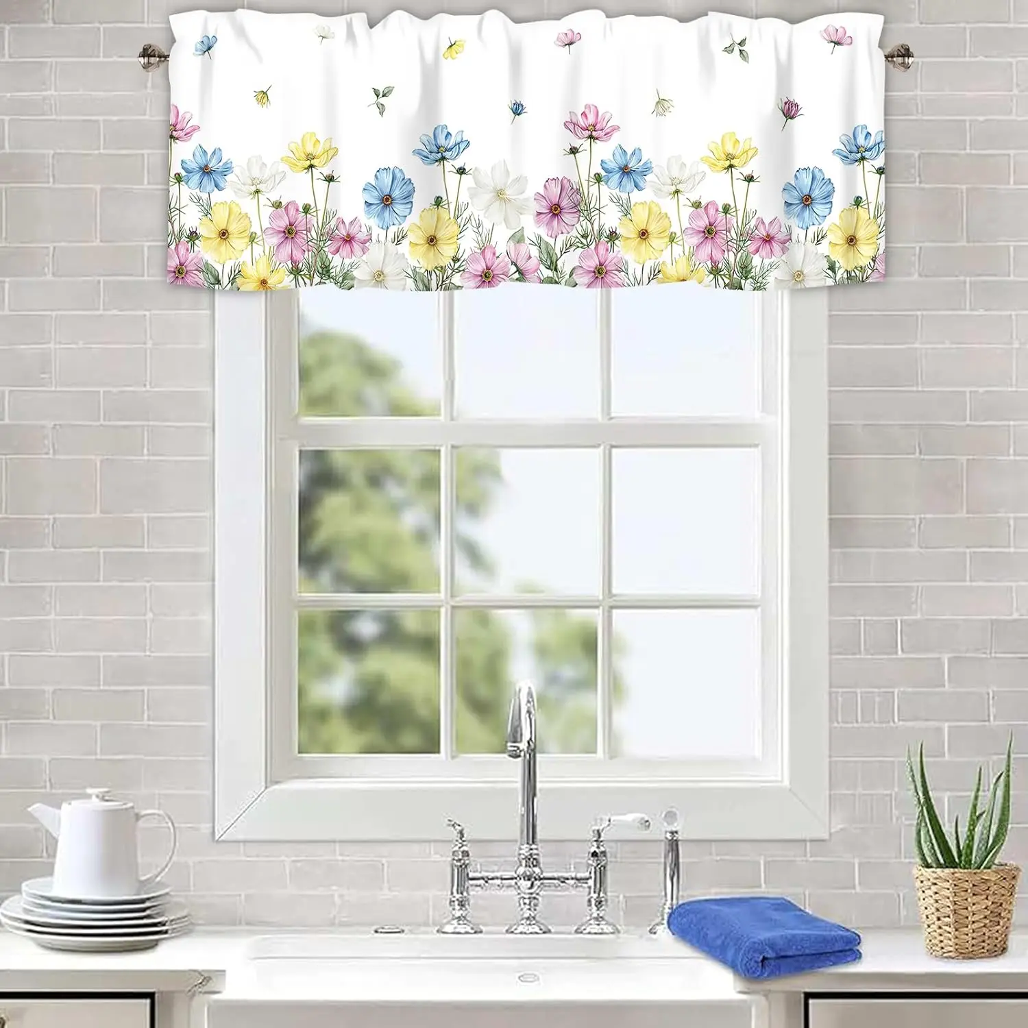 Floral Kitchen Valance Curtains, Farmhouse Spring Short Curtains Watercolor Window Treatments Rod Pocket Valances for Over Sink Bathroom Living Room Bedroom, 42x12 Inch, 1 Panel
