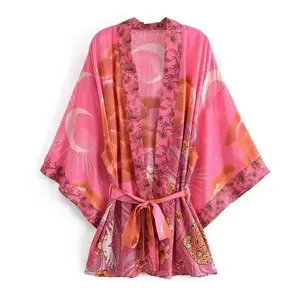 Vintage Star and Moon Floral Print Sashes Women Bohemian V Neck Batwing Sleeves  Happie Short Robe Kimono Womenswear Gowns