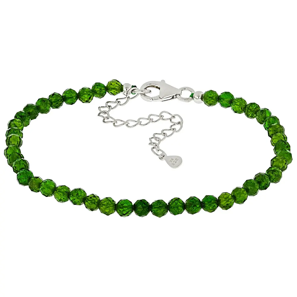 925 Sterling Silver Rondelle Beaded Bracelet, 20.00ctw Chrome Diopside, Dainty Semiprecious Stone Bracelets & Anklets, Rondelle Beads, Bead Chain, Adults