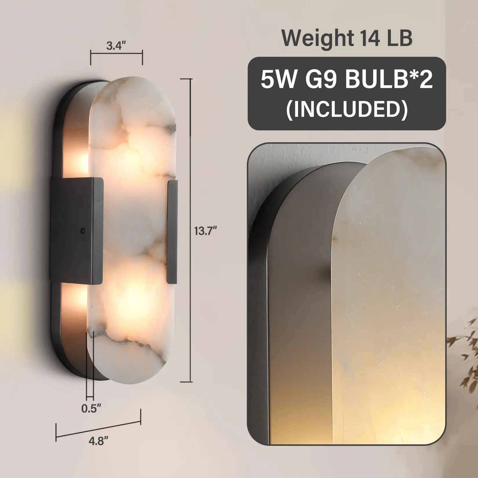 13.8 inch Alabaster Wall Sconces Set of Two,Natural Marble Wall Lighting,Brass Bedside Wall Lamp,Indoor Vanity Light Fixtures for Hallway,Bathroom Living Room (Including Bulb)