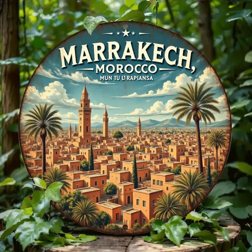 2D Flat 7.87x7.87 Inch Round Aluminum Wall Art Vintage Marrakech Morocco Cityscape with Palm Trees Historic Architecture Durable Metal Decor for Home Bar Cafe Outdoor Moroccan Themed Ornament