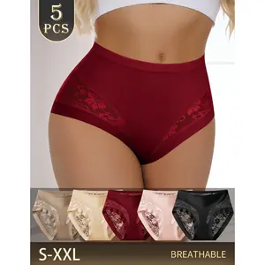 QUASTI Women's 5PCS High Waisted Seamless Sheer Lace Panties, Sexy, Minimalist, Flat, Fashion Breathable Underwear, Lightweight, Skin-Friendly, Soft, Invisible Fit Basic Briefs for Elegance, S-XXL Aesthetic