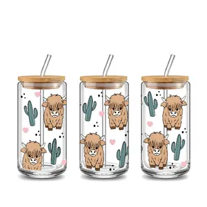 Cute Highland Cow 16oz Glass Can Cup with Lid and Straw, Reusable Glass Drinking Cup for Iced Coffee, Hot Chocolate, Stylish Farm Animal & Western Themed Glassware,Perfect Gift for Highland Cow Lovers, Coffee Enthusiasts,Western Style Fans & Animal Lovers