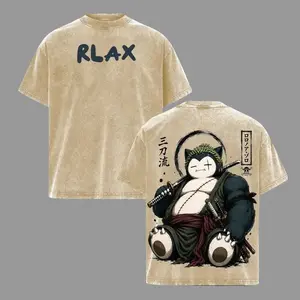Unisex Vintage Washed T-shirt Front Simple "RLAX" Letter Print Back Cute Snorlax Cosplay Roronoa Zoro Three Sword Style Japanese Kanji Graphic Casual Oversized Anime Streetwear Top for Men Women Crewneck