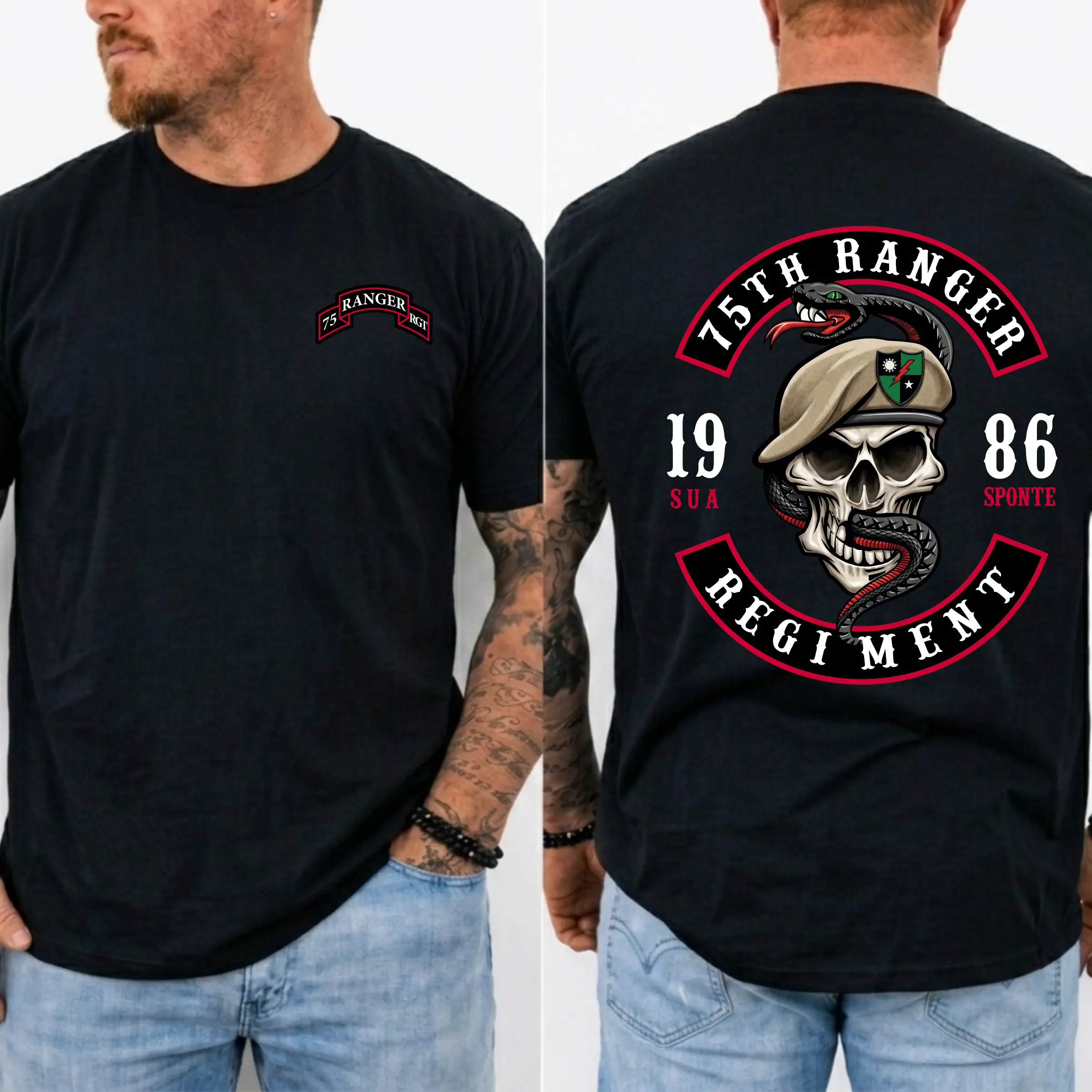 75th Ranger Regiment T-Shirt Skull & Snake Military Graphic Tee for Men, Army Veteran Gift, Patriotic Special Forces Shirt 1986