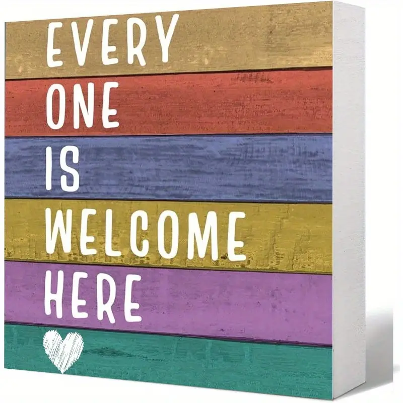 "Everyone is Welcome Here" Wooden Welcome Sign - Inspirational Diversity Decor for Classroom Desk, Home Office, School Shelf - Rustic Wood Box Sign 5x5 Inch