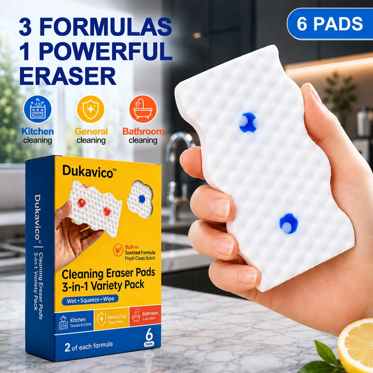 Dukavico Powerful Foam Magic Eraser Sponge Set, 3-Formula Melamine Cleaning Pads, Cleaner-Infused Dual-Sided Scrubbers, All-Purpose Sponge for Kitchen, Bathroom,Walls, Sink, Tile, Stove, Grease, Grime, Soap Scum & HomeEssentials