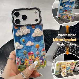 Makeup Mirror Phone Stand Oil Painting Cottage Colorful Phone case for iPhone 17Pro Max Air 16Plus 15 14 13 12 11 XR XS cases, Dopamine Style, Suitable for Girls, Protective Silicone Cover, Protection Durable, Shockproof Drop.WC49