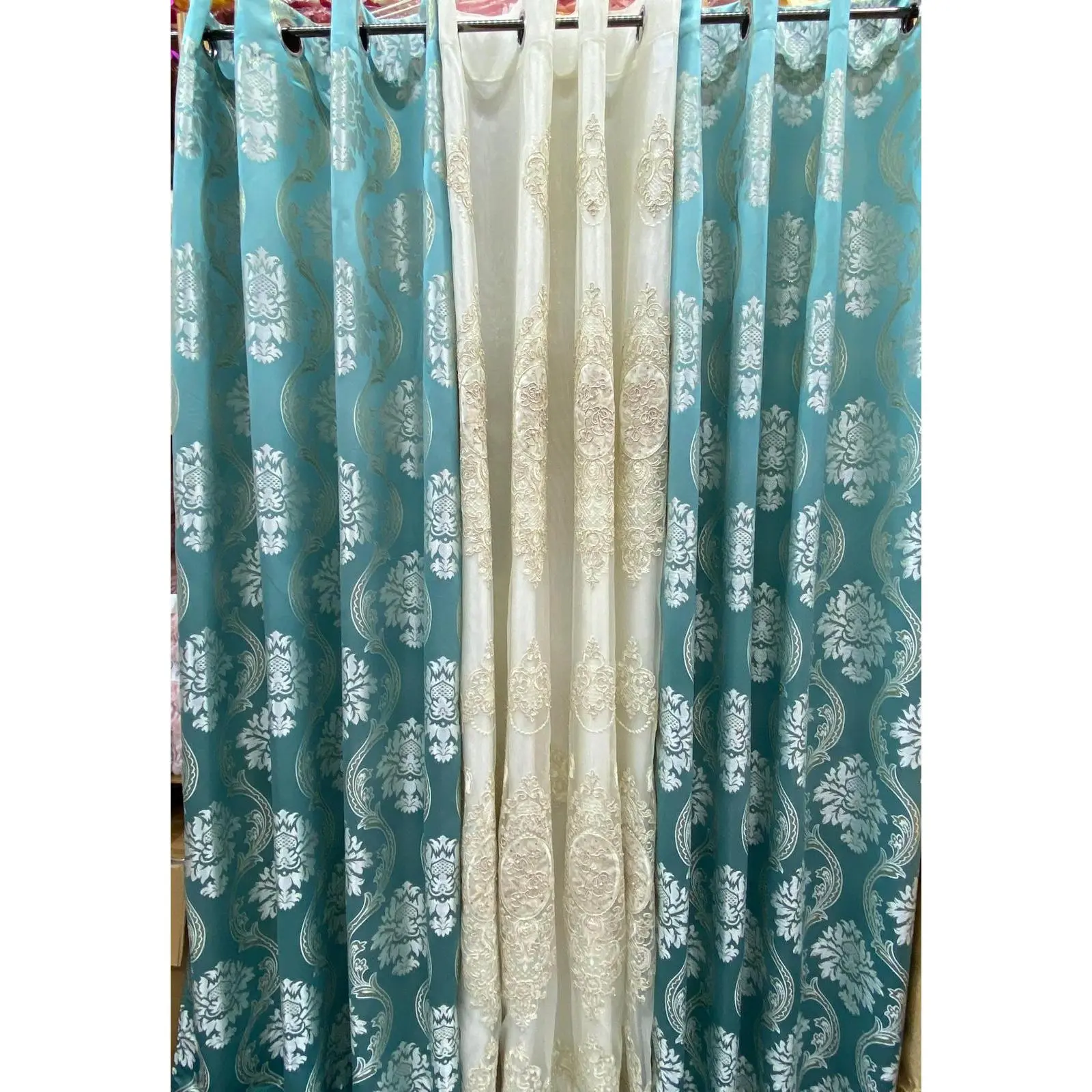 Mina Aqua Luxury Window Curtain Set 54x84 with Monalisa Embroidered Valance & Backing Panel