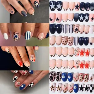96pcs Short Oval Leopard French Nail Set, Starfish Stripe Cherry Design, Acrylic Press-On Nails, Includes Jelly Glue & File, Perfect for Parties
