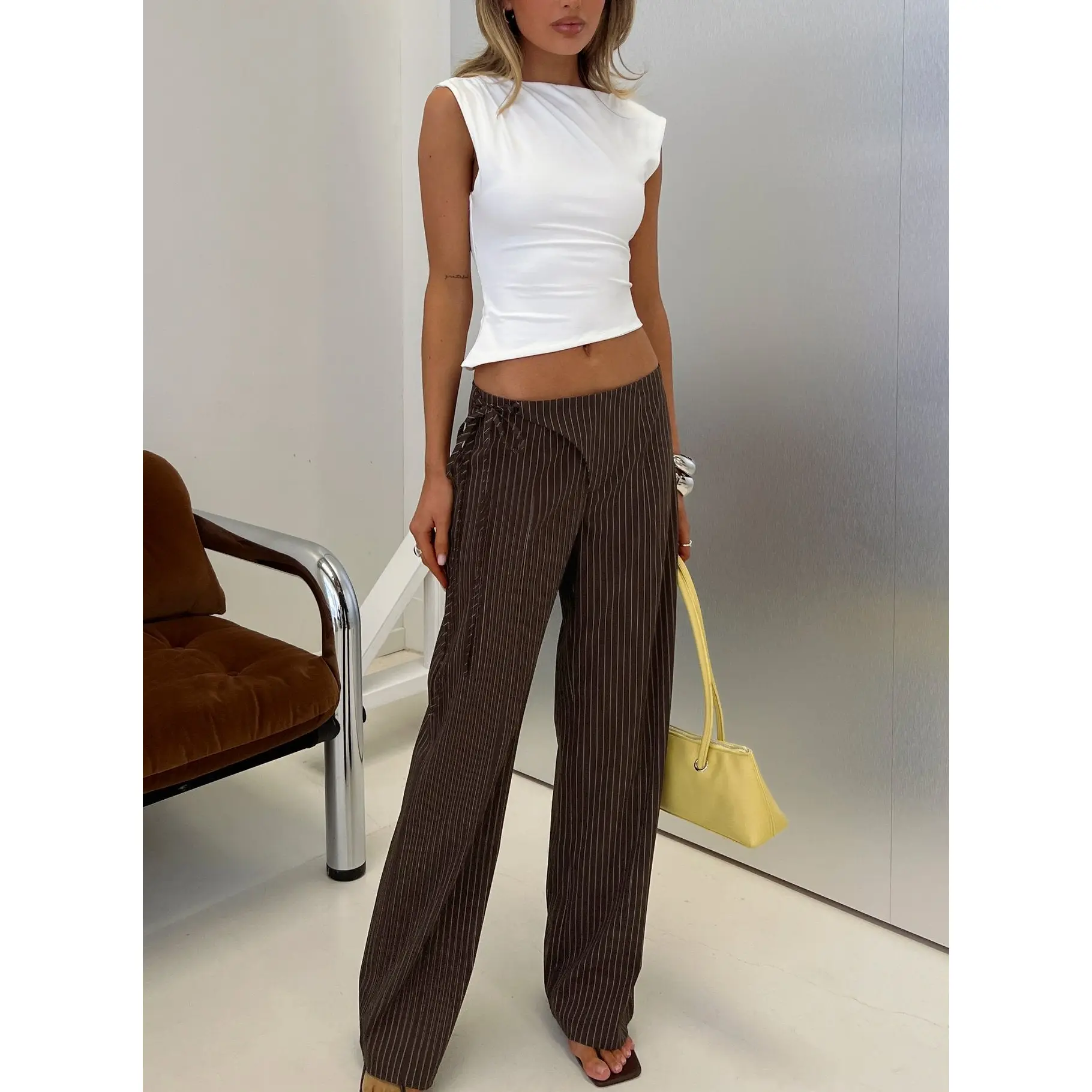 Editta Tie Detail Low Rise Tailored Pants Brown Pinstripe