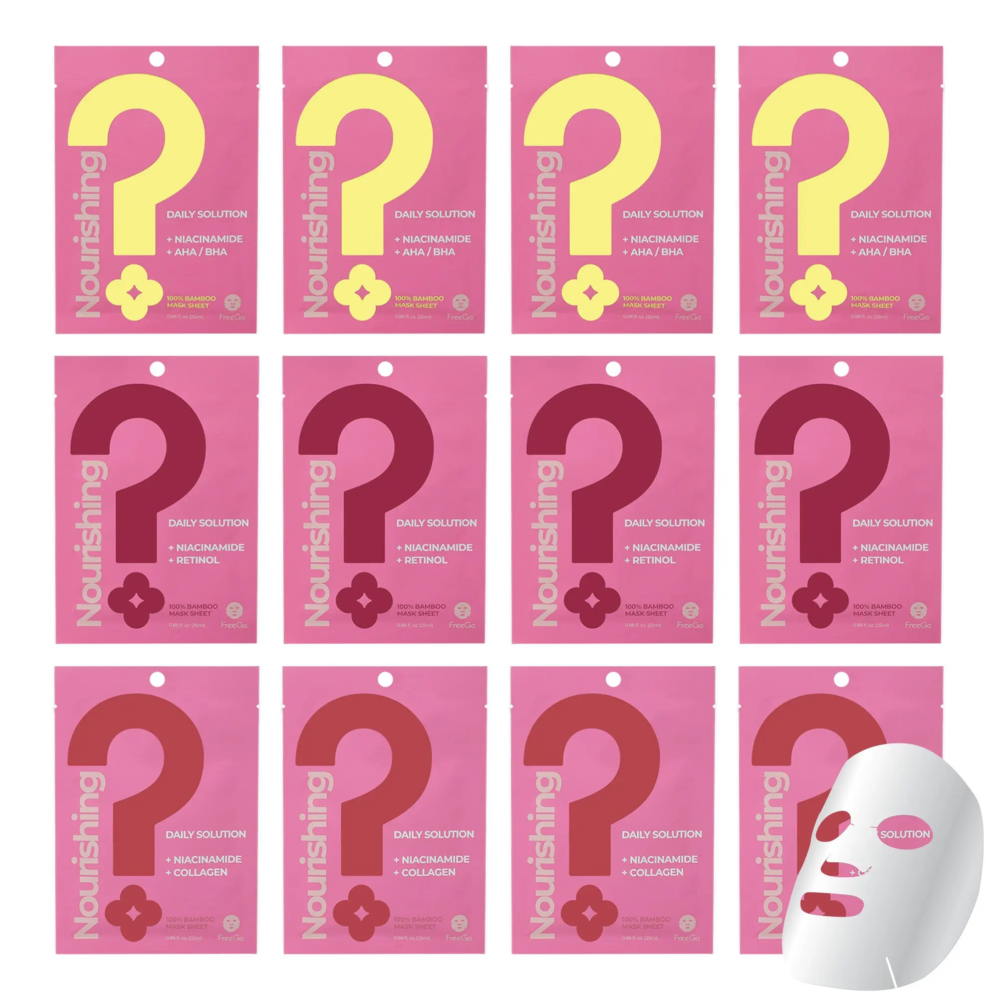 FreeGo Dullness Retreat Nourishing Face Masks 12 Pack with Niacinamide Collagen Retinol & AHA + BHA for Wrinkle Care and Skin Elasticity
