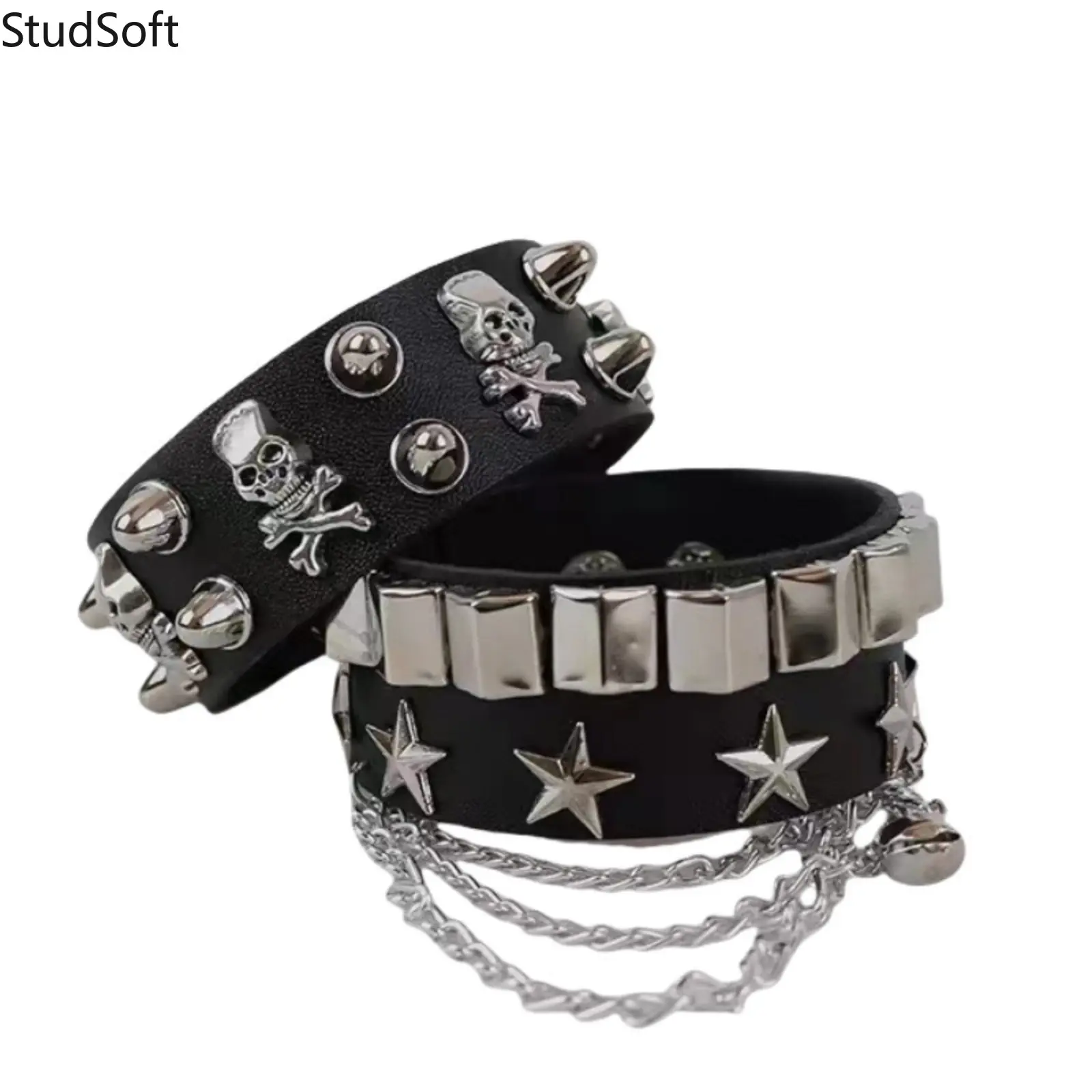 2PCS Edgy PU Leather Skeleton Rivet Bracelets, Punk Hip-Hop Wide Cuff Bangles for Guys & Girls, Casual Trendy Jewelry for Streetwear, Festivals (Sports Wristbands)