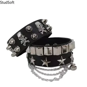 Cool 2PCS Edgy PU Leather Skeleton Bracelet with Rivets, Punk Hip-Hop Wide Cuff Bangles for Girls & Guys, Perfect for Streetwear, Hip-Hop Dance, Festivals & Daily Trendy Outfit Decoration