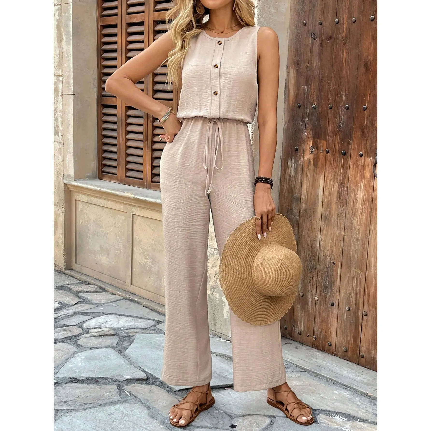 Summer elegant jumpsuit 1 piece round neck sleeveless breathable cool with back lacy pattern comfortable breathable fabric