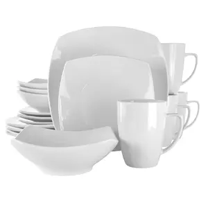 Elama EL-HAYES Hayes Square Porcelain Dinnerware Set, White - 16 Piece