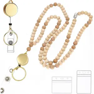 Retractable Lanyards for ID Badges and ,Teacher Lanyard with ID Holder Cute Wooden Beaded Lanyards Reel  Chains Fashion Lanyard String for Women