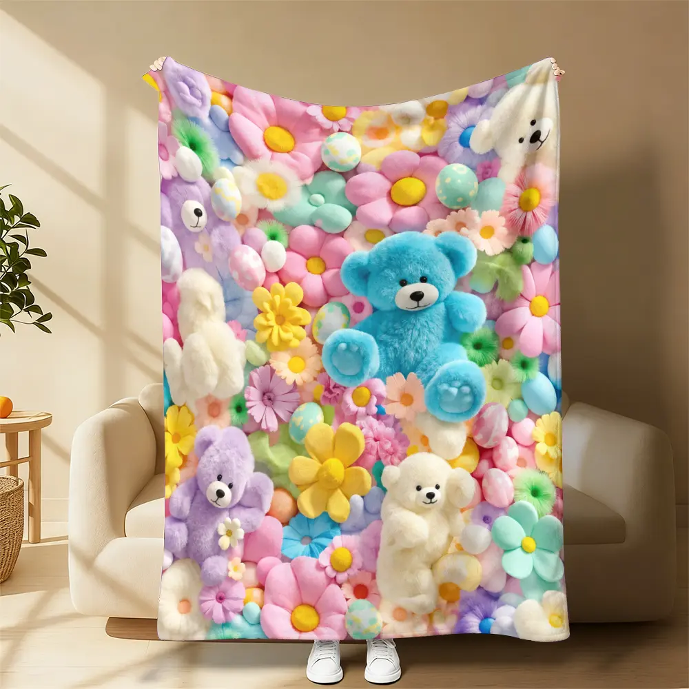 Pastel Teddy Bear Spring Floral Flannel Printed Blanket - Cozy, Soft Fluffy Fleece Cover for Sofa, Bed - Sweet Aesthetic Gift for Coquette Lovers Home Decor, Cozy Throw Blanket