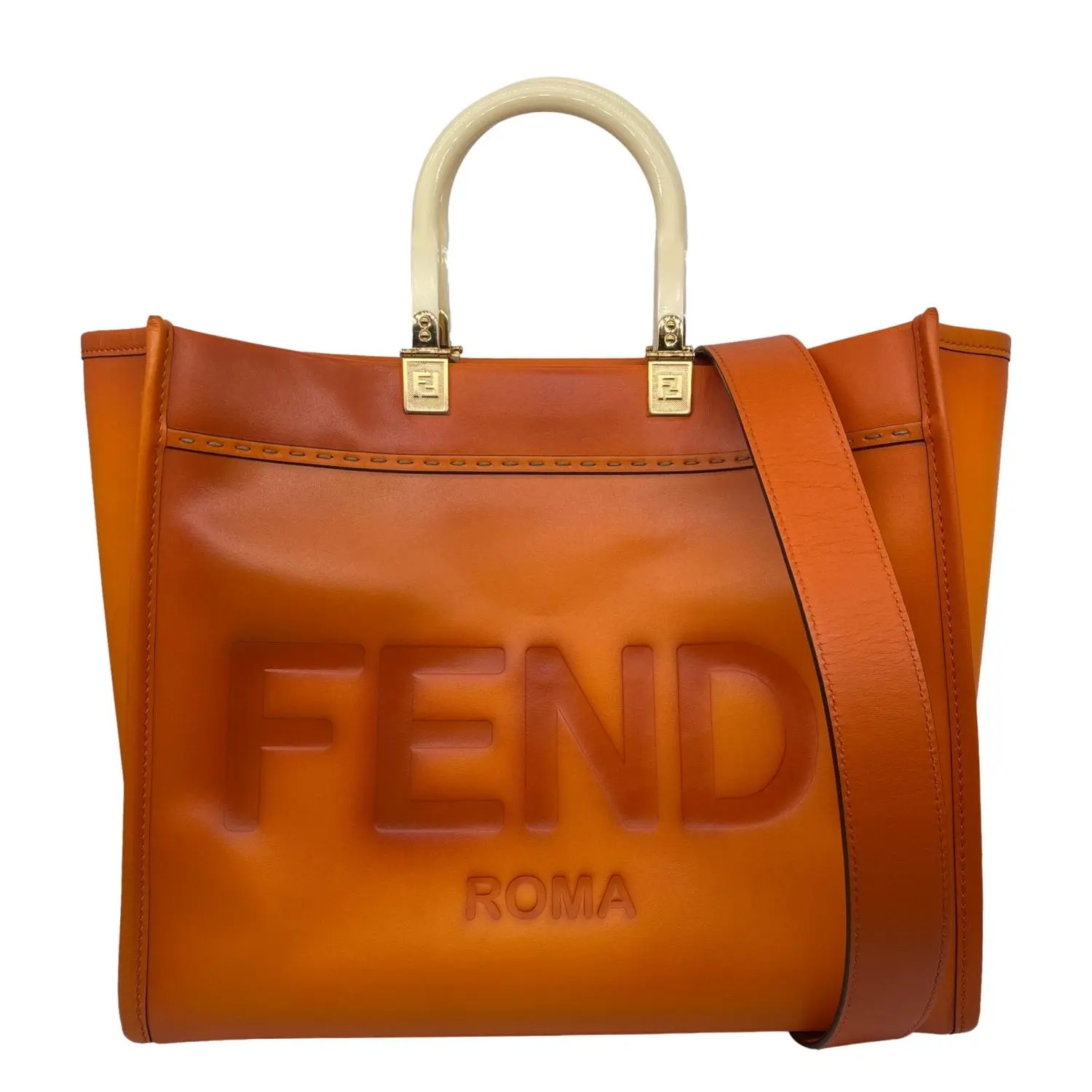 Pre-owned FENDI Leather Tote Bags Sunshine Medium Shopper Tote Bag Orange