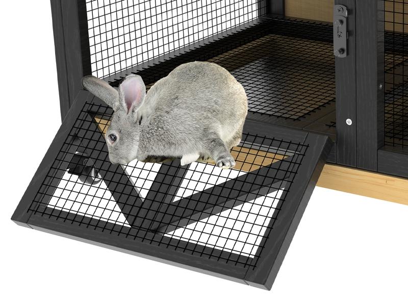 TIMHAKA 46.7" Elevated Rabbit Cage with Run Indoor & Outdoor Use Wooden Design 2 Removable Tray Waterproof Roof 4 Metal Wheels for Small Medium Animals