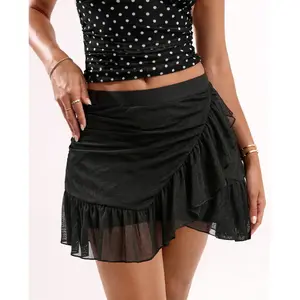 Woman's Black High Waist Ruched Mesh Mini Skirt Breathable Stretchy Anti-exposure Asymmetric Ruffle Hem Y2K Spicy Girl Style Casual Daily Dating Party Streetwear