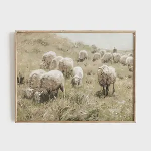 Vintage Sheep Painting, Muted Flock of Sheep Print, Cottagecore Landscape, Easter Farmhouse Decor Unframed