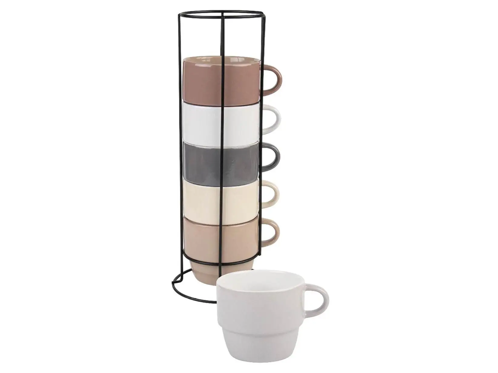 Marcelle W03M161 Sturdy Ceramic 6-Piece 10 oz Mug Set with Metal Stand - Multi-Color Drink Cups
