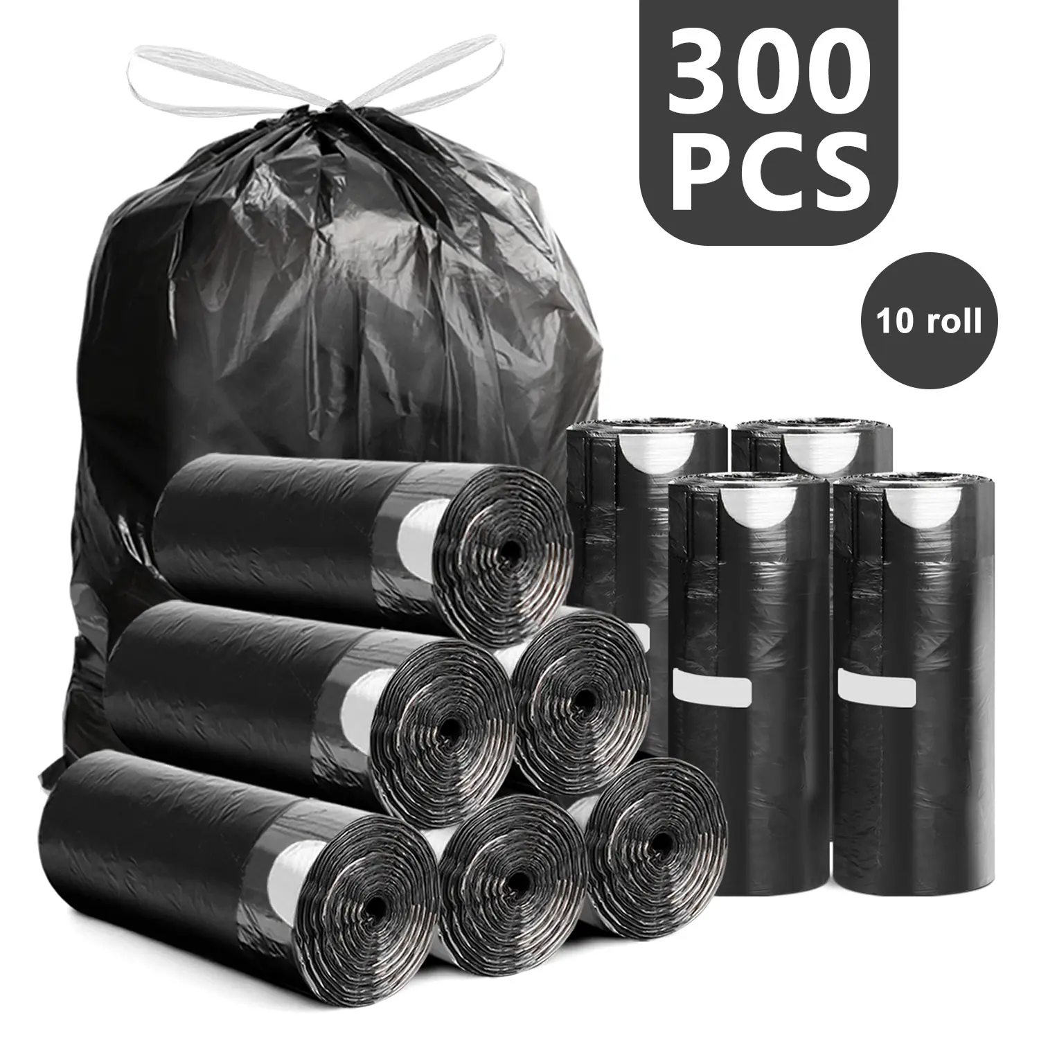 YUFEIDA 4-Gal Small Plastic Quick-Tie Trash Bags (300/150 Pack) - Drawstring Home Supplies, Leak-Proof, Smell-Proof, Unscented, Waterproof, Tear-Resistant Disposable Bags for Bathroom, Pet Waste, Study, Balcony, 15.7lb Waterproof Hold, Odorless Handling