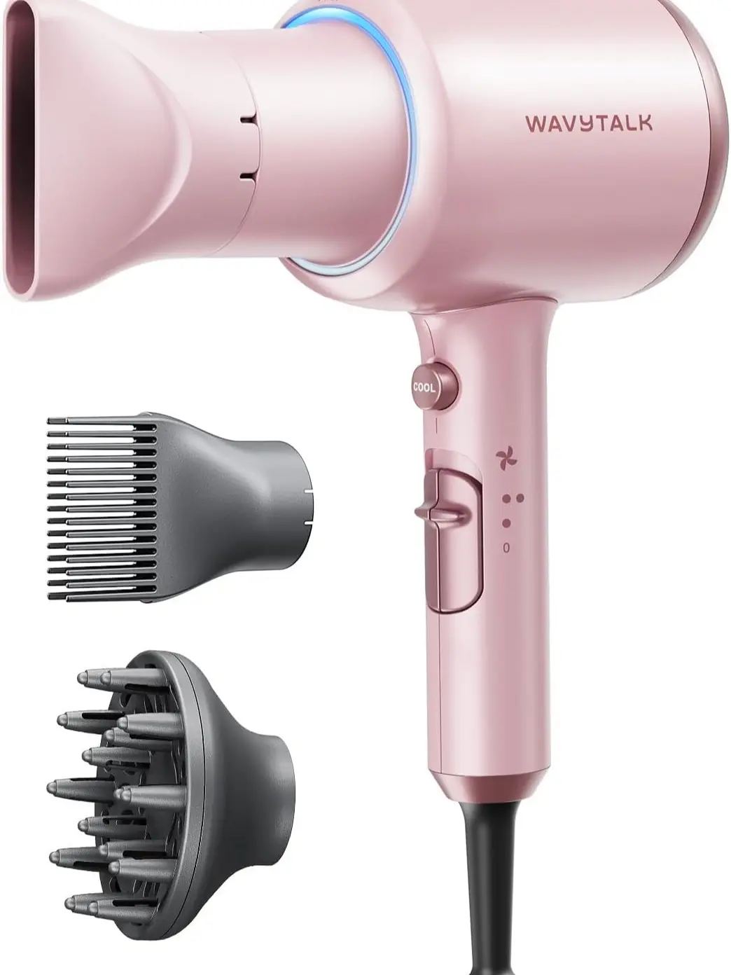 Wavytalk Blown Away Ionic Hair Dryer with Diffuser for Curly Hair | 1875W Fast Drying, 3 Attachments for All Hair Types, Ceramic Healthy Shine, Lightweight & Quiet (Pink)