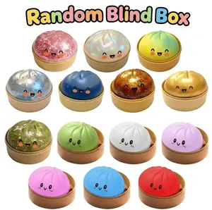 18 Styles Blind Box Glitter Dumpling Squishy Toy with Steamer, Kawaii Steamed Bun Squeeze Fidget Toy for Stress Anxiety Relief, Mystery Box Random 1pc, Cute Slow Rising Desk Toy Gift for Kids Adults