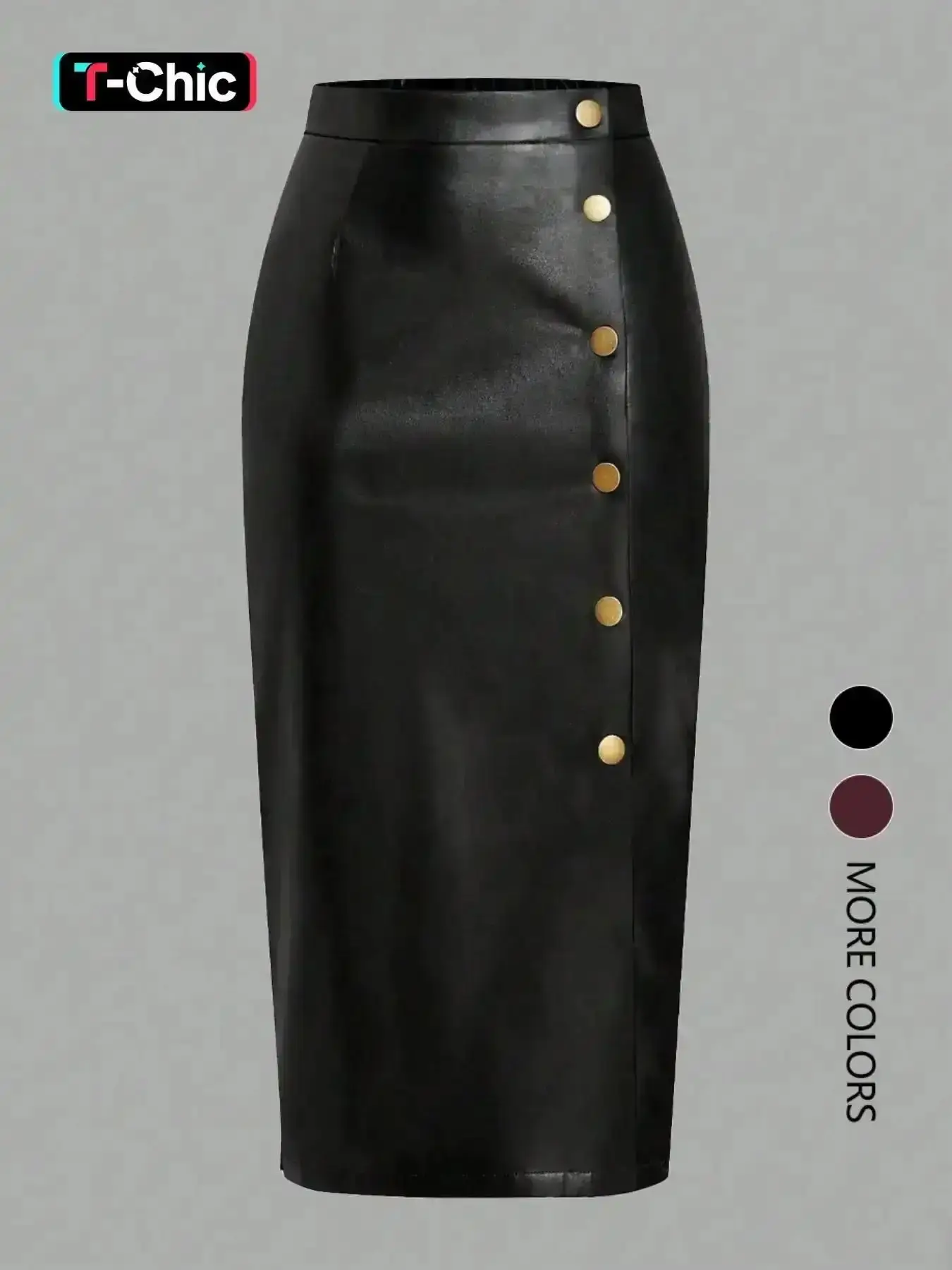 Women's single-breasted slit PU leather skirt, Plain, Classic, casual and comfortable, slim fit, Fitted, high waist design, conforms to the body shape, elastic waistband, sexy A-line midi, Wardrobe Essential, Breathable