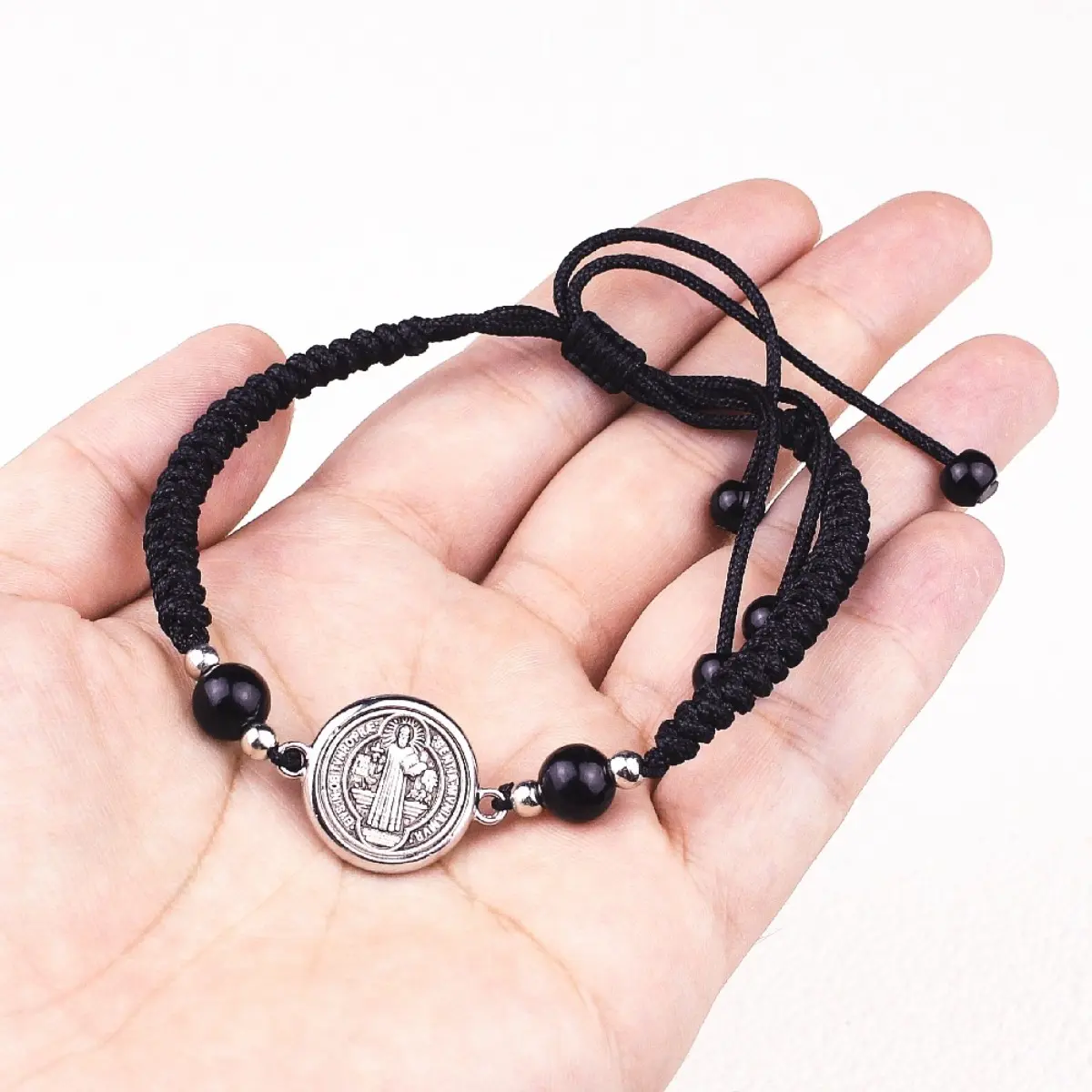 Black & Gold Braided Rope Saint Benedict Medal Bracelet - Christian Catholic Religious Jewelry with Adjustable Knot, Geometric Stone Design for Memorial Day, Braided Rope Detail Bracelets & Bangles, Spiritual Jewelry